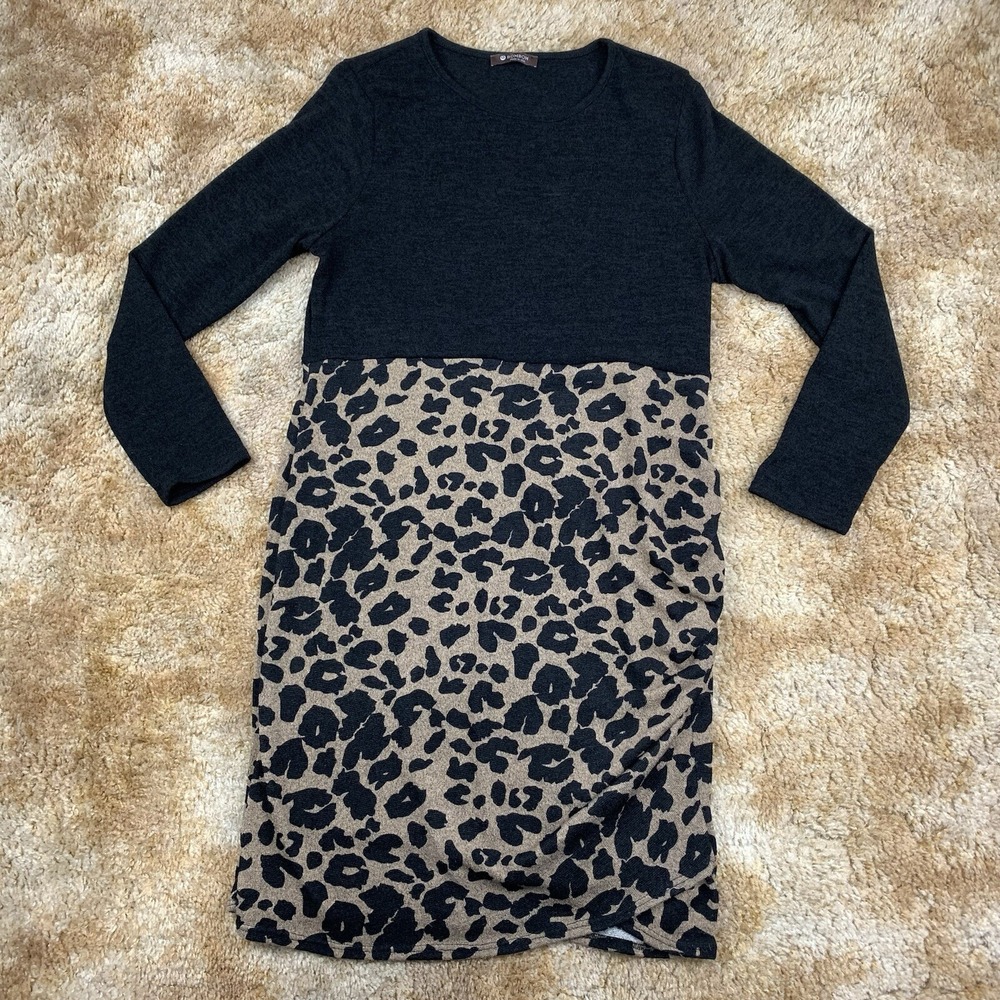 BOMBOM Womens Size XL Leopard Color Block Knit Dress Made In USA